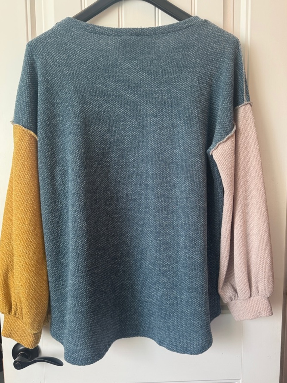 BiBi Blue Scoop Neck Colorblock Lightweight Sweater with Cream & Mustard Sleeves - Picture 6 of 6